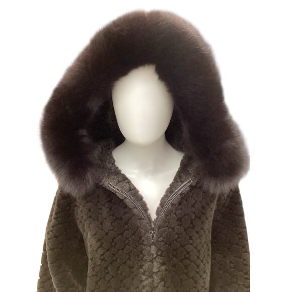 Gallery Bomber Jacket Women’s SZ M Faux Fur With Genuine Fox Fur Hood Trim Brown - Picture 5 of 6
